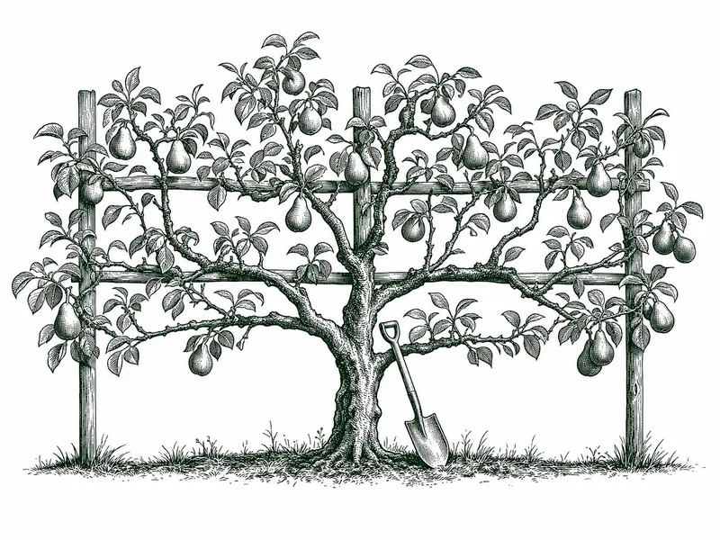 An espalier pear tree trained along a wooden trellis, drawn in an engraving style.