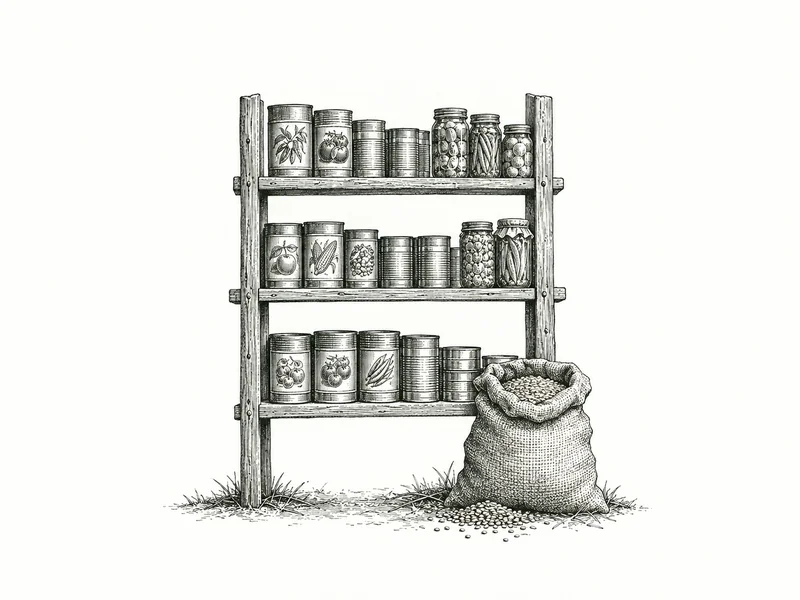 Engraving of food bank pantry shelves with rows of canned goods and a sack of grain.