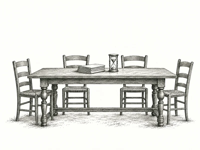 Engraving of a boardroom meeting table with papers, an hourglass, and chairs.