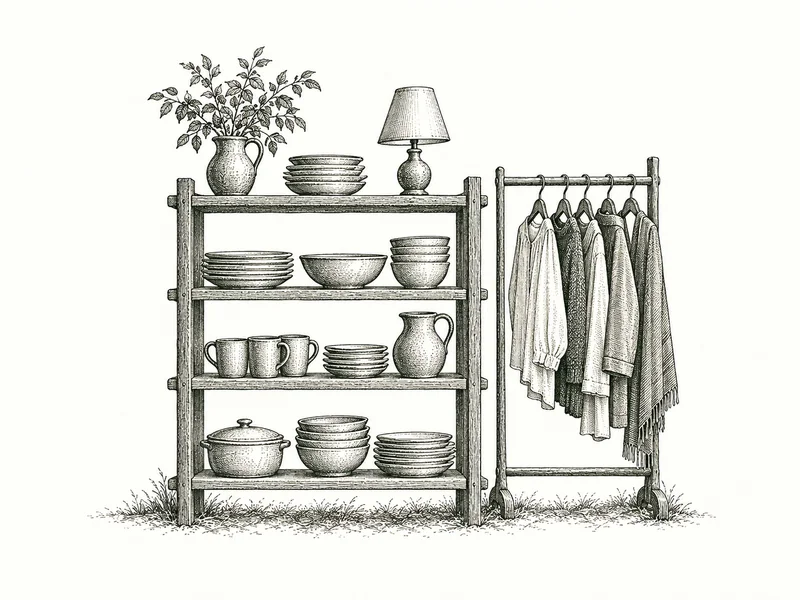 Engraving of a thrift shop shelf with stacked dishes and a lamp beside a clothing rack.