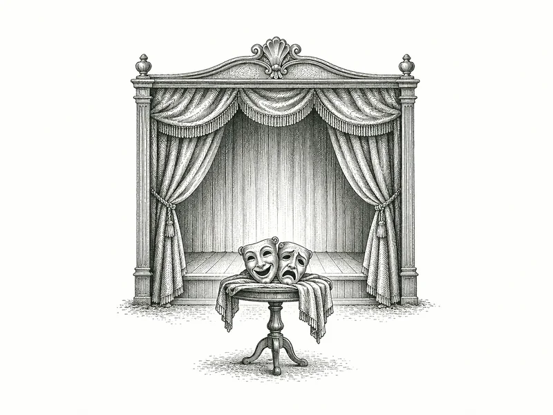 Engraving of a theater stage with drawn curtains, a spotlight, and comedy and tragedy masks.