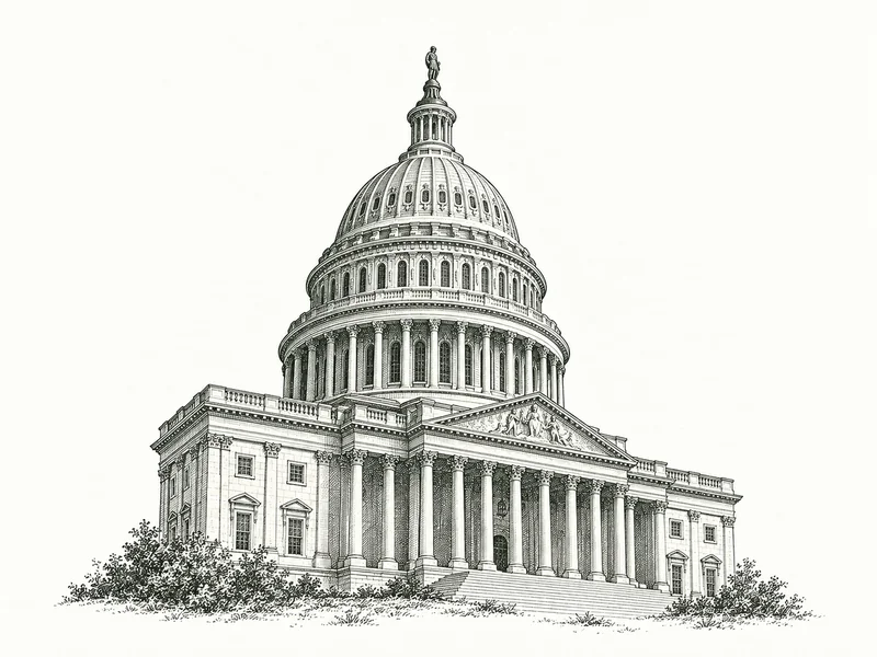 Engraving of a domed capitol building with a colonnade of columns.